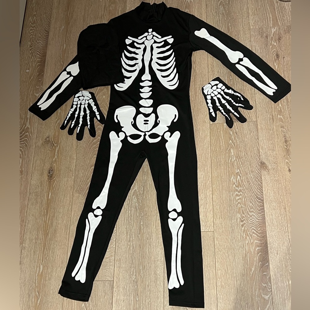 Halloween Skeleton Costume Jumpsuit for Boys & Girls with Gloves and Mask